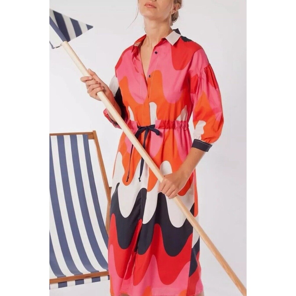 Vilagallo Midi Shirt Dress Women Cotton Preppy Tropical Colored Wave Print Sz 6